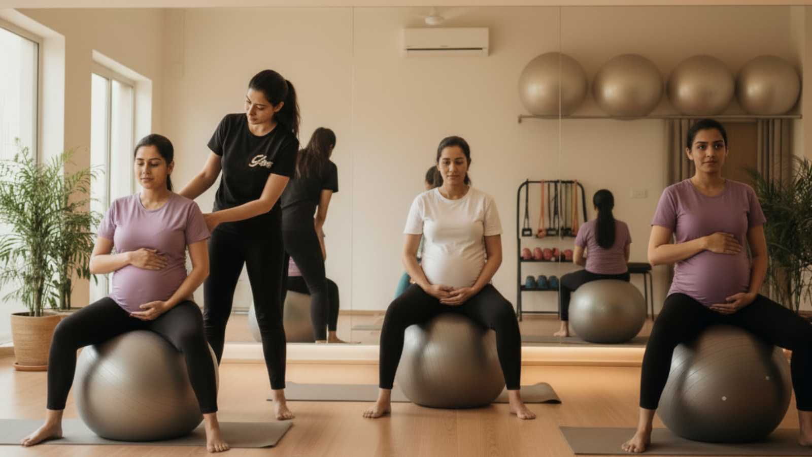 Prenatal client performing a guided exercise